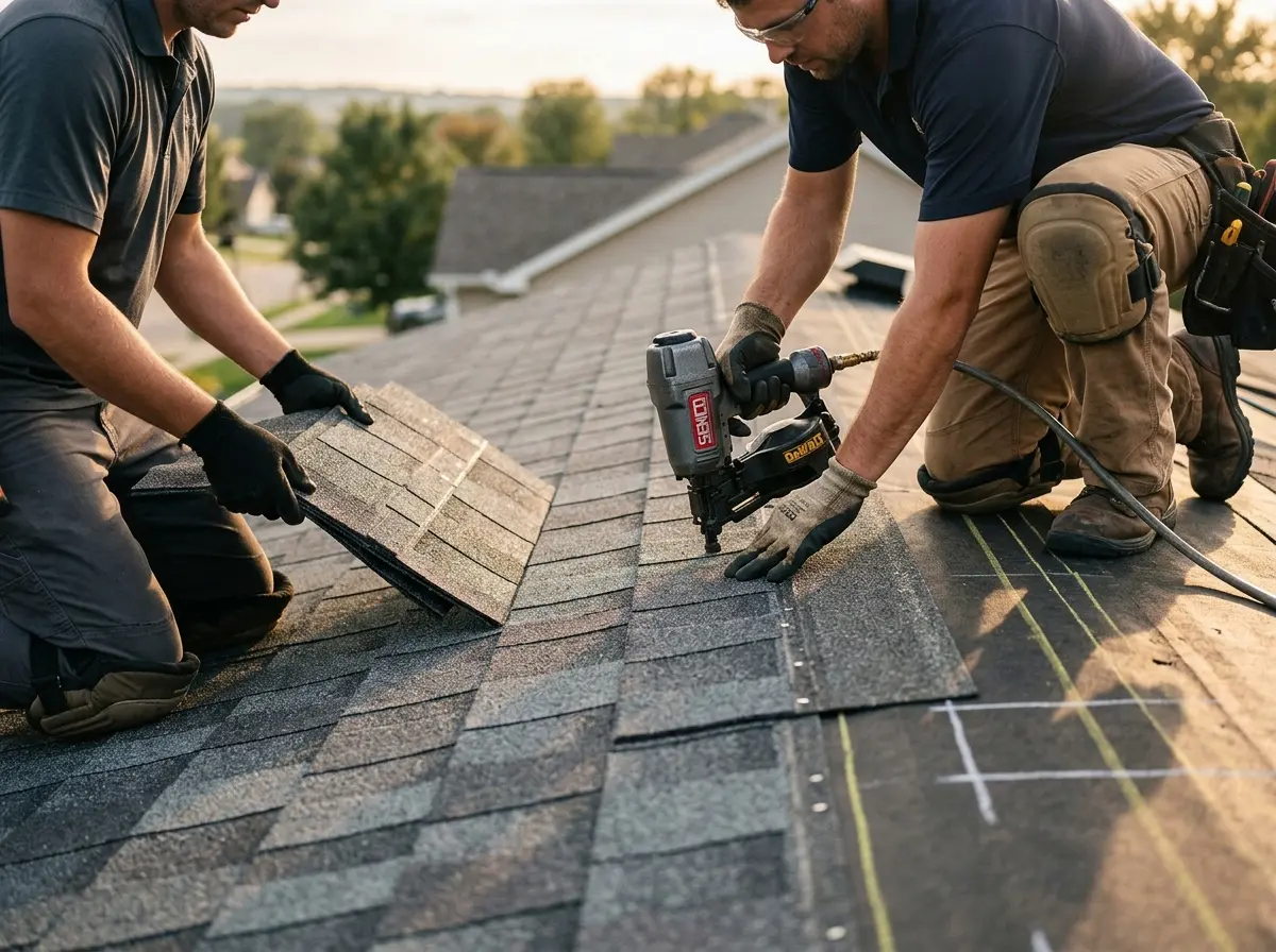 Professional roofer working on a residential roof in Toppenish